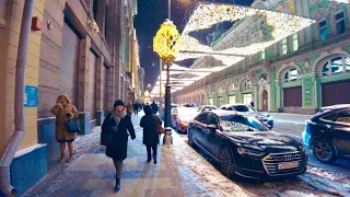 [4K] MOSCOW 🎄 Winter Magic. Christmas Walk 🎅 New Year Tree and Lights. Walking in the Snow.