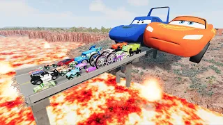 Big & Small Lightning McQueen Boy, King Dinoco vs Tow Mater,Pixar Car vs Lava Bridge😱- BeamNG.Drive