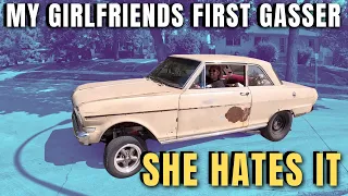 Girlfriend Drives HER GASSER For the FIRST TIME!  Nose High 1964 Chevy II