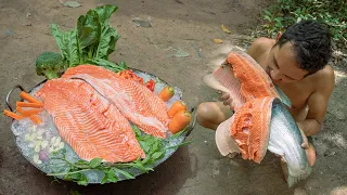 Wow! Eating Raw Salmon Fish - Eating Salmon Fish So Delicious in the Forest