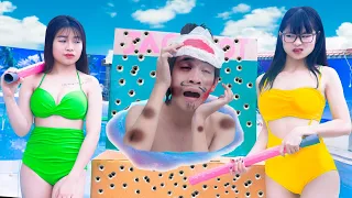 SUPER GRAND JACKPOT CHANCE PRANK BATTLE Nerf guns JOYOUS GIRL FARTING PRANK | POOL NERF WAR