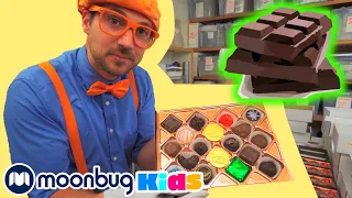 BLIPPI Visits a Chocolate Factory | Learn | ABC 123 Moonbug Kids | Fun Cartoons | Learning Rhymes