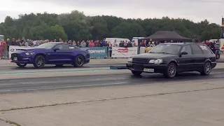 Audi S6 C4 Avant 2.2TQ vs Ford Mustang GT 5.0 Supercharged 1/4 mile drag race