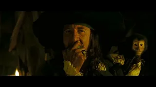 Captain Hector Barbossa Bites an Apple and Laughing
