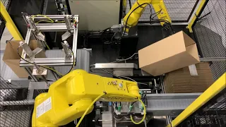 Carton Packing Machine - a robot erecting a box whilst another is packing jars in to the box