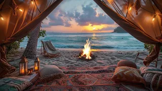 Magical 🌅 Sunset |Seaside Oasis|🌊 Ocean Waves, Seagulls, Fire Crackle Ambiance