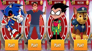 Tag with Ryan vs Sonic Dash vs PAW Patrol Ryder Run vs Teen Titans Robin Run - All Characters Unlock