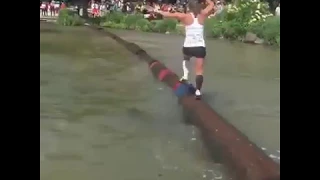 Girl Log Running Across Lake