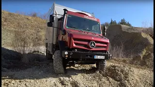 Bimobil Unimog 2021 mobile home in practical use in the sand pit. Off road experience. Test 