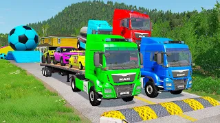 Double Flatbed Trailer Truck vs Speedbumps Train vs Cars | Tractor vs Train Beamng.Drive 054