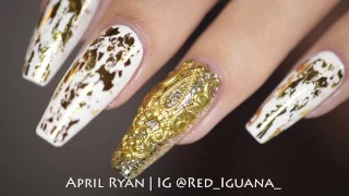 White Nails with Gold Foil And Jewerly | Red Iguana | April Ryan