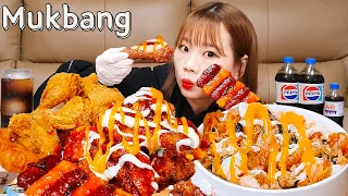 Sub)Real Mukbang- Double Cheese Sauce Chicken🍗🧀 Sausage & Rice Cake Skewers🍢 Chicken Rice🍚KOREANFOOD