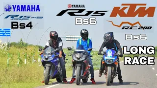 YAMAHA R15 V3 BS6 VS KTM RC 200 BS6 YAMAHA R15 V3 BS4 || RACE TILL THEIR POTENTIAL || LONG RACE