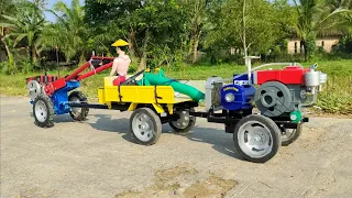 Traktor sawah menarik mesin altenator untuk menghidupkan pompa air axial listrik