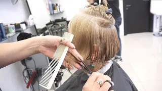 80'S ANTI AGE HAIRCUT - SHORT BLONDE LAYERED BOB HAIRCUT WITH BANGS