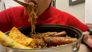 ASMR Eating Black Beans Noodles With Western Omelette and Sausage | Mukbang