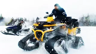 Quad with tracks VS Snowmobile! Deep snow!