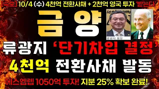 [금양] 10/4 (수) 류광지 '단기차입 결정!' 나머지는 전환사채 받는다