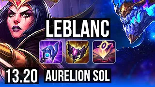 LEBLANC vs AURELION SOL (MID) | 13/0/4, Legendary, 400+ games, 900K mastery | EUW Master | 13.20