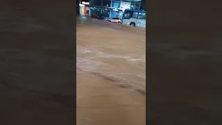 Dois ônibus ficam ilhados no meio inundação após forte chuva em Juiz de Fora