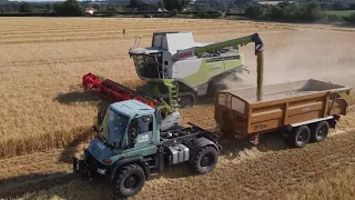 Harvest 2022: Claas Lexion 750 TT and a Mercedes Benz Unimog U500 harvesting barley in Suffolk.