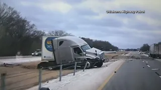 VIDEO | Semi truck jackknifes, crashes on icy Oklahoma highway