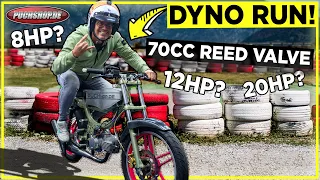 We put a 70cc Race Moped with custom Reed Valve intake on the DYNO