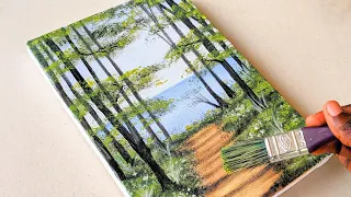 Easy way to paint an afternoon forest along the sea /Acrylic painting tutorial. #DailyChallenge_12.