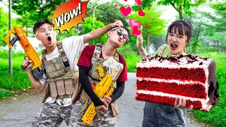 Food Crime SWAT Fights Blue Police With Nerf Guns For HEART CAKE | Battle Nerf War
