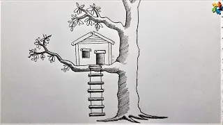 Draw | Tree House Drawing | A House on the Tree | Easy Pencil Drawing Tutorial