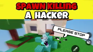 Hacker RAGE QUIT after I SPAWN KILLED him..(Roblox Bedwars)