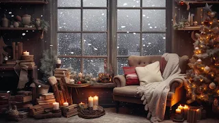 Atmosphere from winter cabin window with blizzard price | Fireplace sounds for ASMR sleep