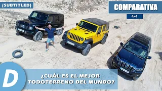 4x4 Test: Toyota Land Cruiser (Prado), Jeep Wrangler Rubicon, Mercedes G-Class - Subtitled
