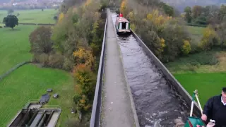 Narrowboats "Thomas Telford" and "Sally" crossing Pontcysyllte Aqueduct, 30.10.09.  High angle view.