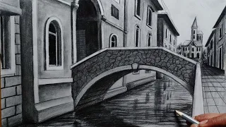 How to Draw Buildings in 1-Point Perspective | Venice Landscape | Pencil Art of River & Bridge