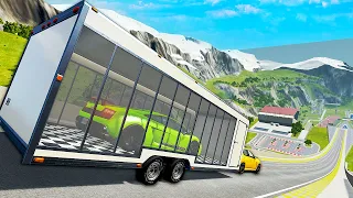 Trailer With Car INSIDE Launches Off MEGA RAMP - BeamNG Drive Crashes