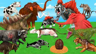 10 Giant Tiger Vs 3 Zombie Elephant Fight T-Rex Chase Cow Cartoon Saved by 2 Woolly Mammoth Mastodon