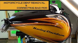 Motorcycle Dent Removal - Paintless Dent Repair & Correction to Bad PDR on a Harley Gas Tank