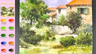 Without Sketch Landscape Watercolor - House Yard (color mixing, Arches) NAMIL ART