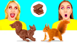 الغذاء الحقيقي مقابل الغذاء الشوكولاته التحدي | تناول الحلويات فقط لـ 24 ساعة BooBoom Challenge
