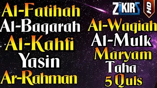 Surah Al Fatihah, Al Baqarah, Al Kahfi, Yasin, Ar Rahman, Al Waqiah, Al Mulk, Maryam, Taha, 5 Quls