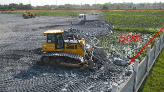 Update! Continue Land Filling by Operator Bulldozer Clearing Stone with Dump Truck Unloading Stone