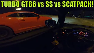 BOOSTED GT86 SURPRISES V8 MUSCLE CARS! - Turbo GT86 vs Cammed Camaro SS vs 2020 Scatpack 392 Charger