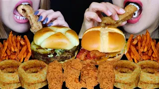 ASMR GIANT CRUNCHY ONION RINGS, FRIED CHICKEN TENDERS, BACON CHEESEBURGERS, SWEET POTATO FRIES 먹방