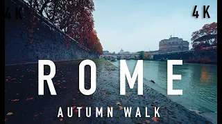 Rainy Autumn Walk in Rome, Italy with Christmas Lights | Binaural City Sounds & Ambience ASMR 4K