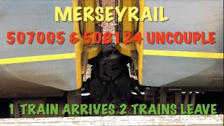 Merseyrail Trains uncoupling. 1 train arrives 2 trains leave Class 507 & 508 uncouple.