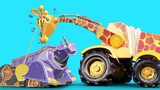 AnimaCars - Žirafí jeřáb zachrání Jonnyho a nosorožčí sklápěč z tekutého písku - animáky s náklaďáky