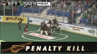 NLL: Robert Church dunks from behind the net for Saskatchewan Rush goal