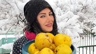 Easy and Fast Recipe for QUINCE JAM On a Snowy Day In Iran😋 Iranian Village Vlog