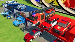 TRANSPORTING POLICE CARS, CARS, MONSTER TRUCK, AMBULANCE FIRE TRUCK, OF COLORS! WITH TRUCKS! - FS 22